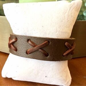 Brown Faux Leather Bracelet with Cross Stitch Design